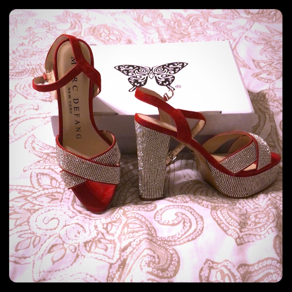 MARC DEFANG Crystal and red suede sling Size 8NEW